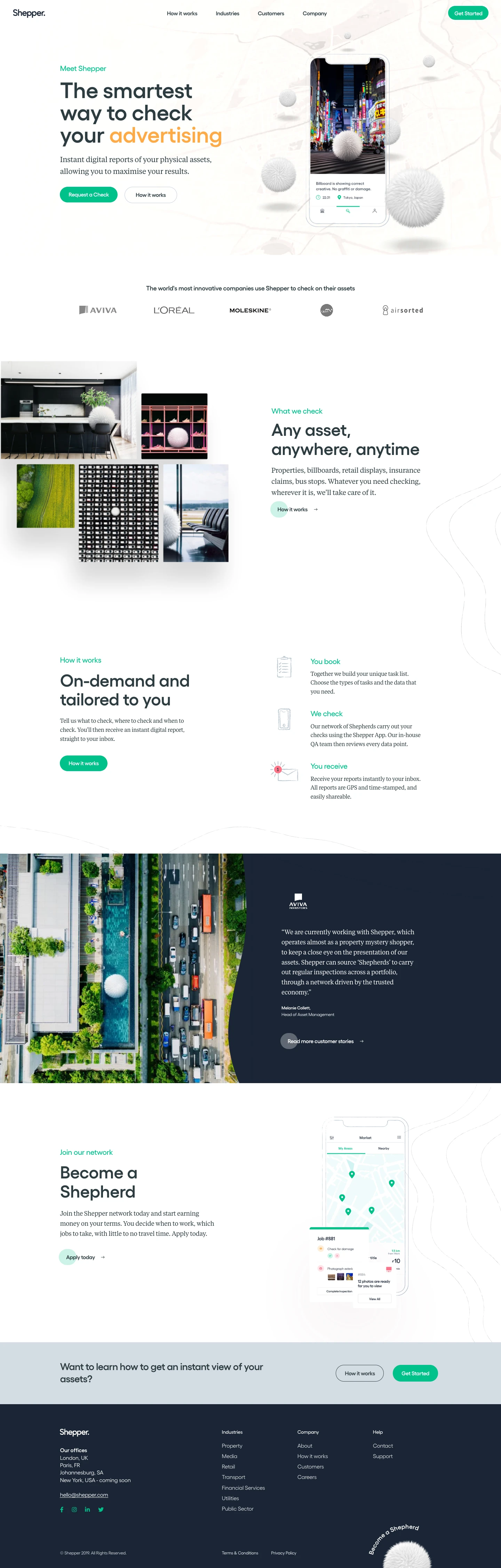 Shepper Landing Page Example: Shepper checks on assets for businesses. From property to retail, OOH media to insurance claims, we check on any asset, anywhere, anytime.