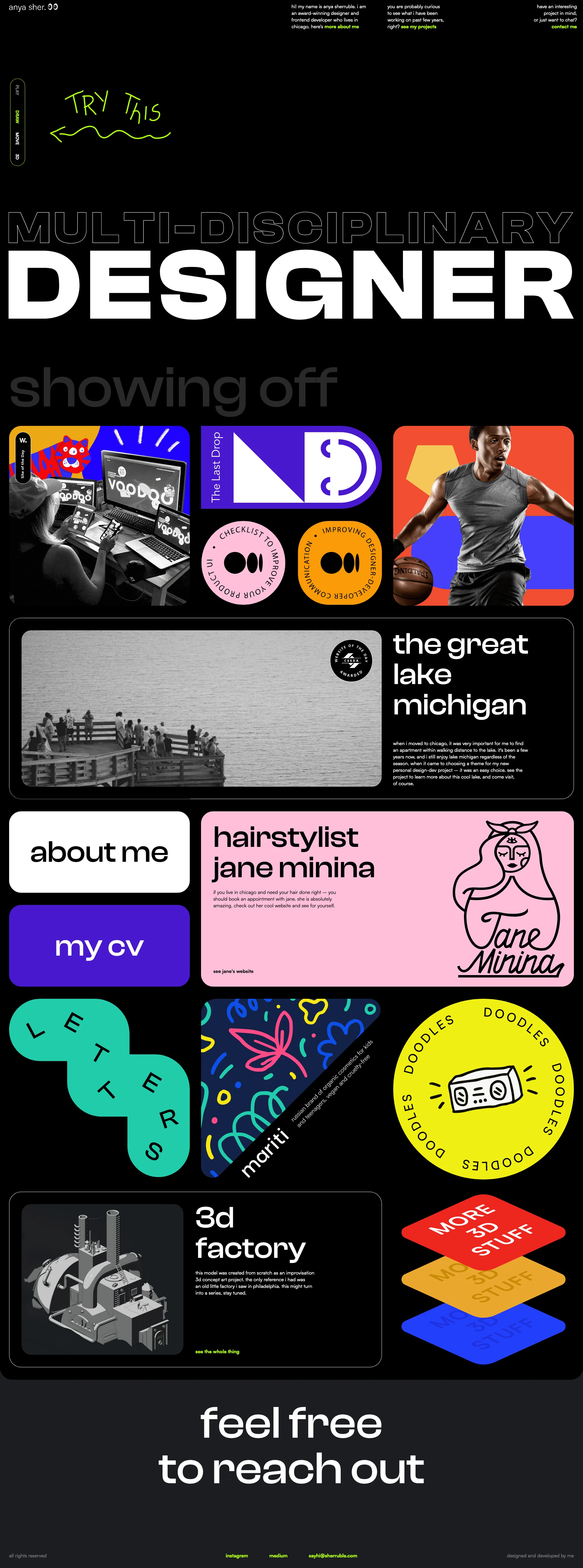 Anna Sherruble Landing Page Example: Hi! my name is Anna Sherruble. I am an award-winning designer and frontend developer who lives in Chicago.