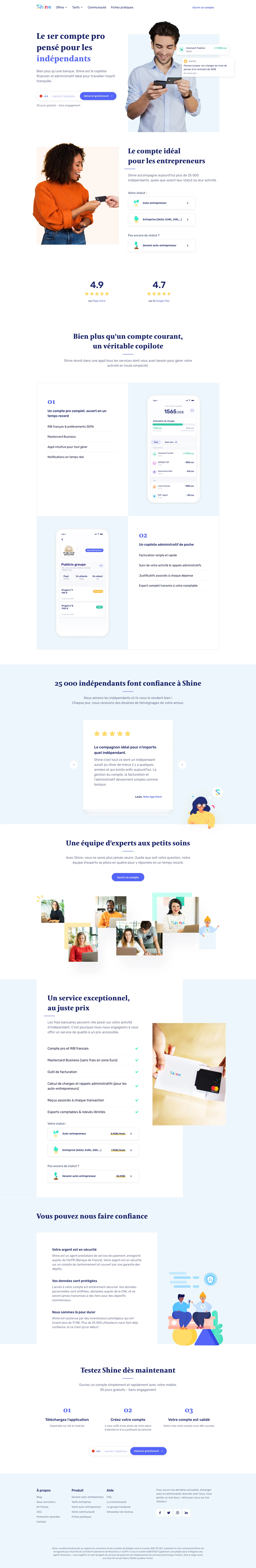Shine Landing Page Example: Bien plus qu'une banque, Shine est le copilote financier et administratif idéal pour travailler l'esprit tranquille.
