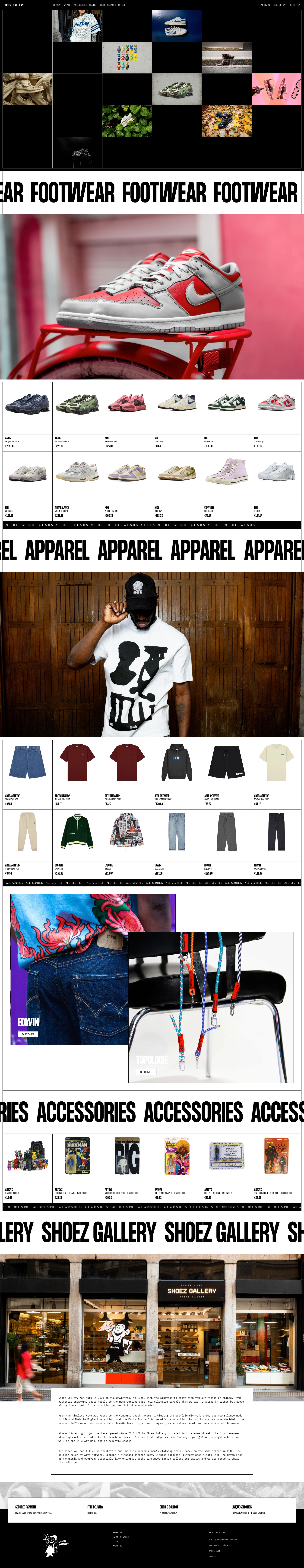 Shoez Gallery Landing Page Example: Our finest selection of sneakers, shoes, and wear. Shop since 2003, e-shop since 2014, till infinity.
