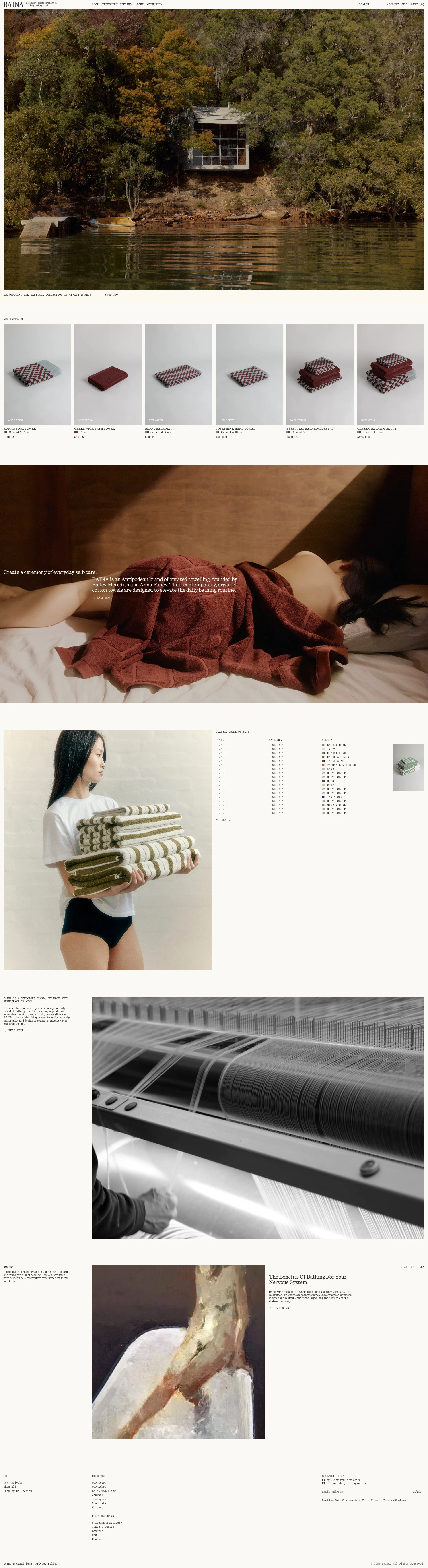 BAINA Landing Page Example: Designed to create ceremony in the daily bathing routine. Shop BAINA's collection of luxury towels. Designed in the Antipodes and made in Portugal from 100% GOTS certified organic cotton.