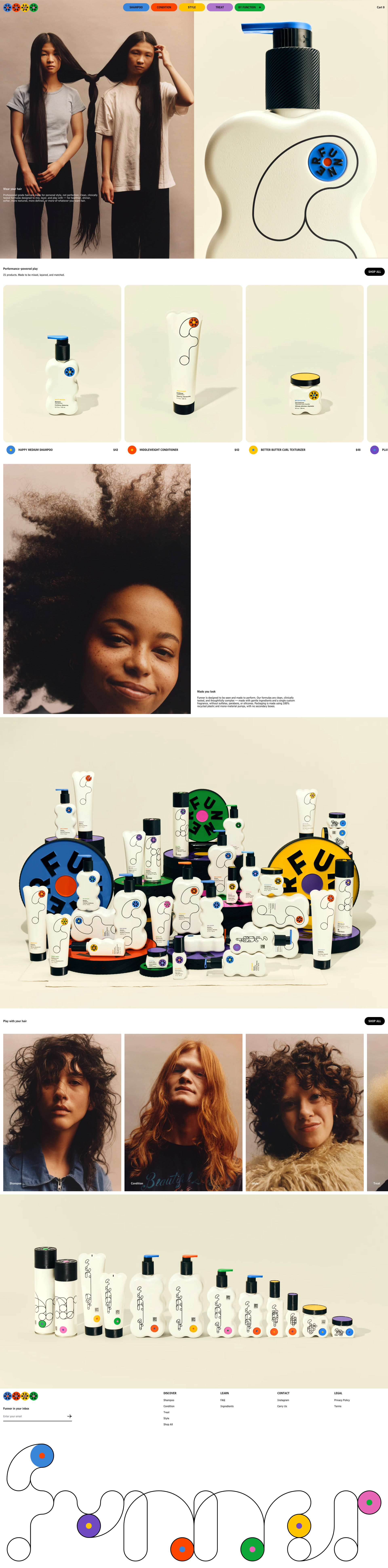 Funner Landing Page Example:  Clinically tested haircare designed to be mixed, layered, and matched. Shampoo, conditioner, stylers, and treatments made for all humans, all ages, all hair types.