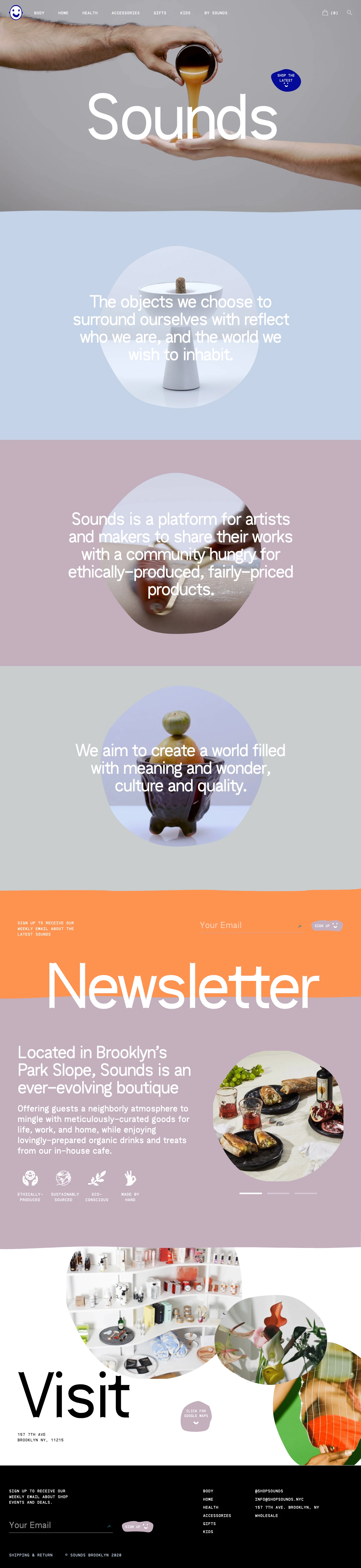Sounds Brooklyn Landing Page Example: Sounds is a boutique and cafe offering meticulously curated goods and lovingly prepared drinks and food.