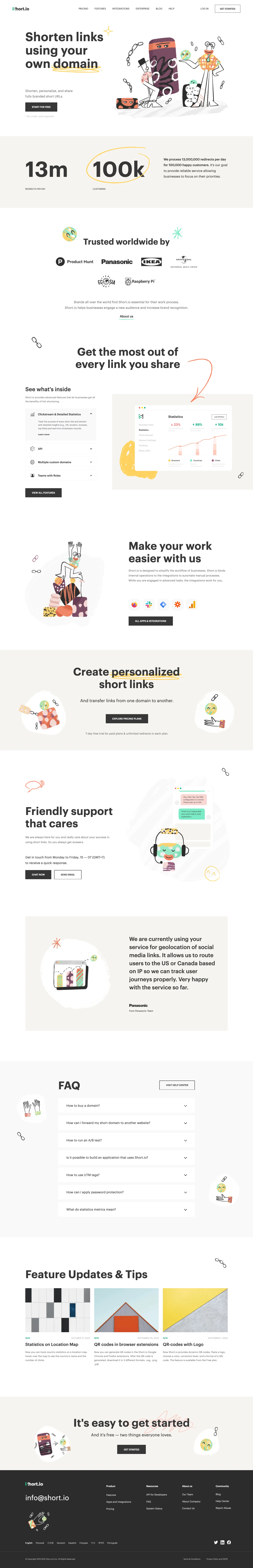 Short.io Landing Page Example: Shorten links using your own domain. Shorten, personalize, and share fully branded short URLs.