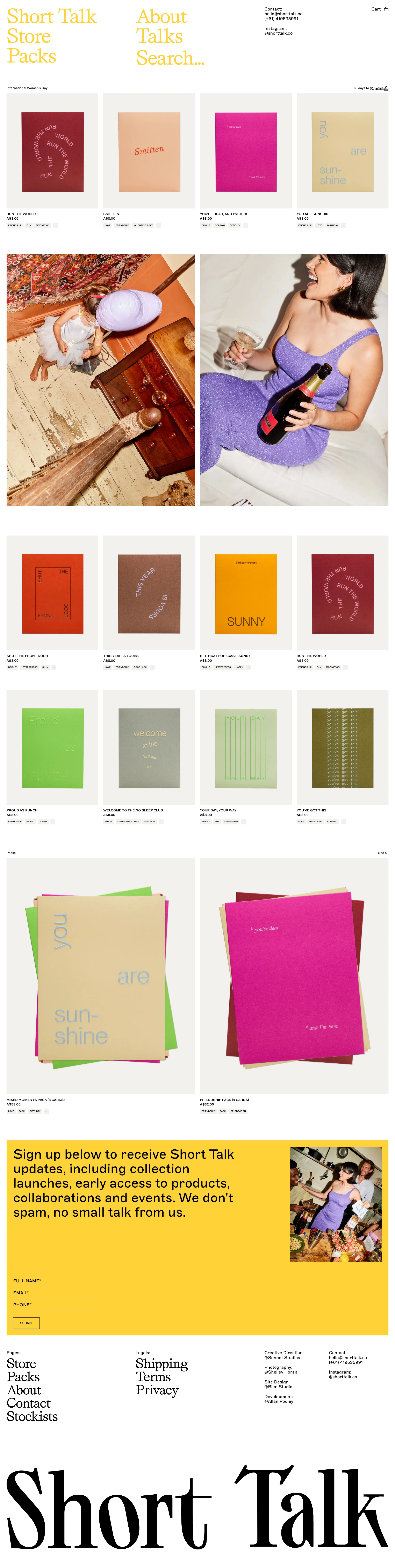 Short Talk Landing Page Example: Short Talk, based in Melbourne, is a word gifting brand crafted for moments that truly matter. Borne from a nostalgia for the written word, each card is designed as a testament to the formation of meaningful connection. Intentional, thoughtful. Cards to keep with love notes to treasure, because writing matters - our words are gifts too!