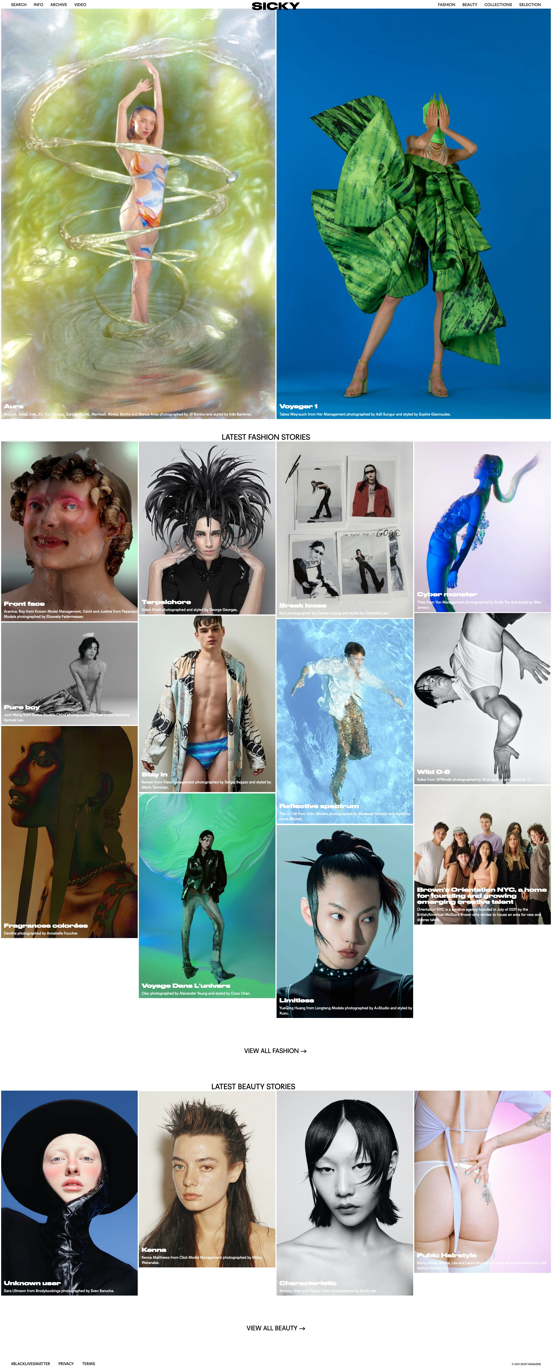 SICKY Magazine Landing Page Example: We work with agencies and clients to successfully realise media projects, from advertising solutions through to brand platform launches, social strategy, sponsorship and more.