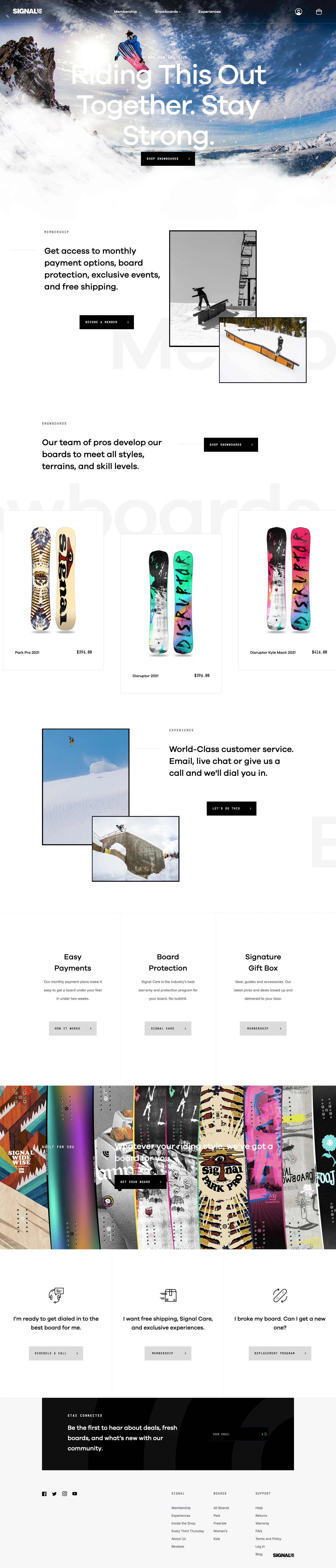 Signal Snowboard Landing Page Example: Snowboard Membership. Choose a board, Sign up, Ride on! The best way to enhance your snowboarding.