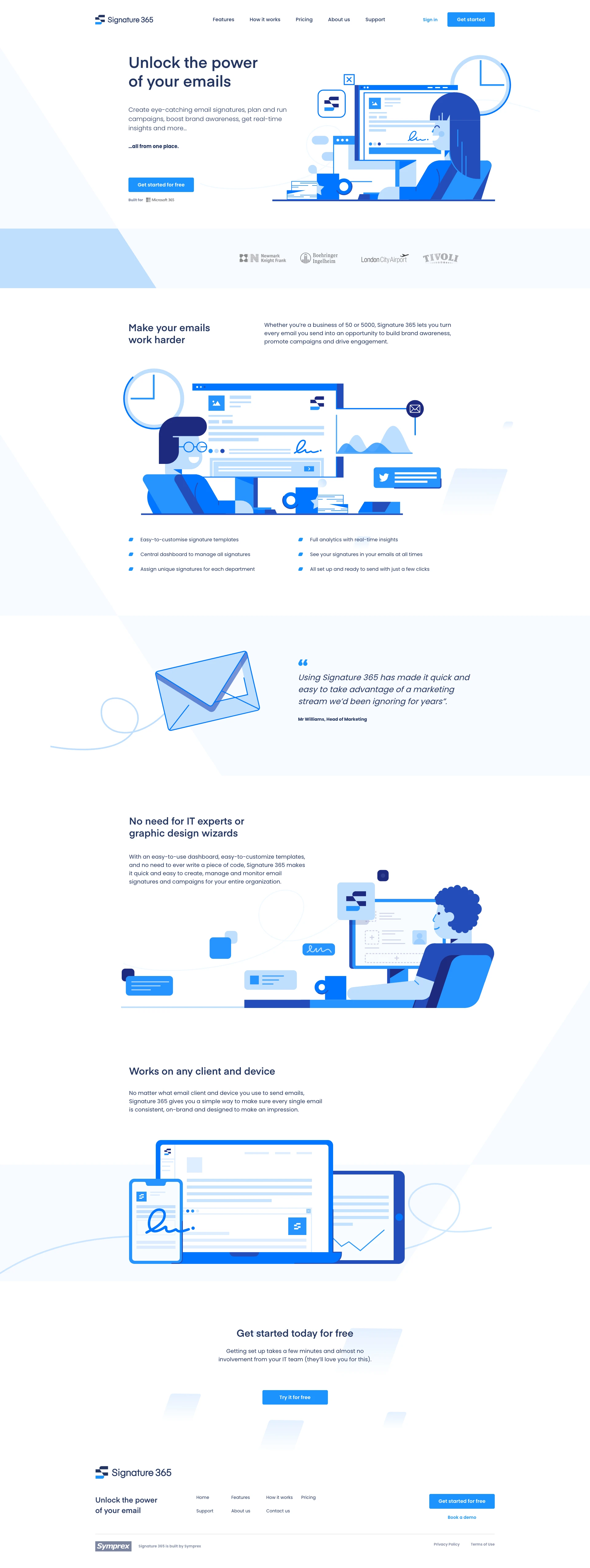 Signature 365 Landing Page Example: Unlock the power of your emails. Create eye-catching email signatures, plan and run campaigns, boost brand awareness, get real-time insights and more.