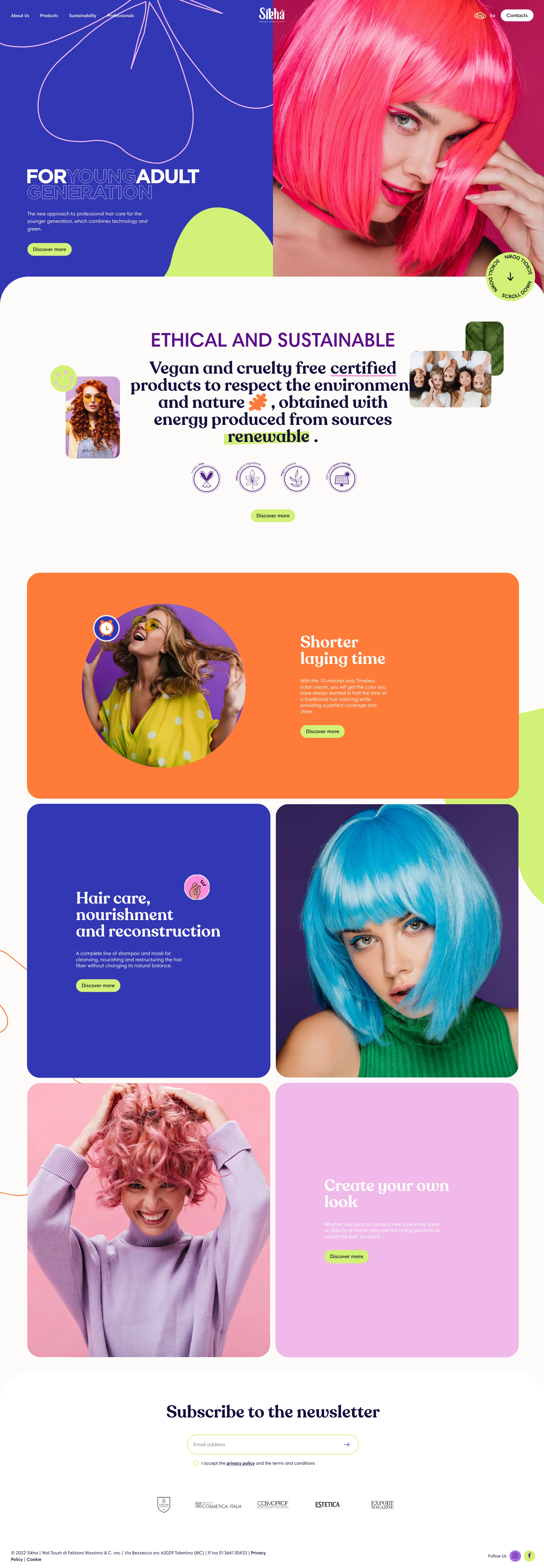Sikha Haircare Landing Page Example: Vegan and cruelty free certified products to respect the environment and nature , obtained with energy produced from sources renewable.