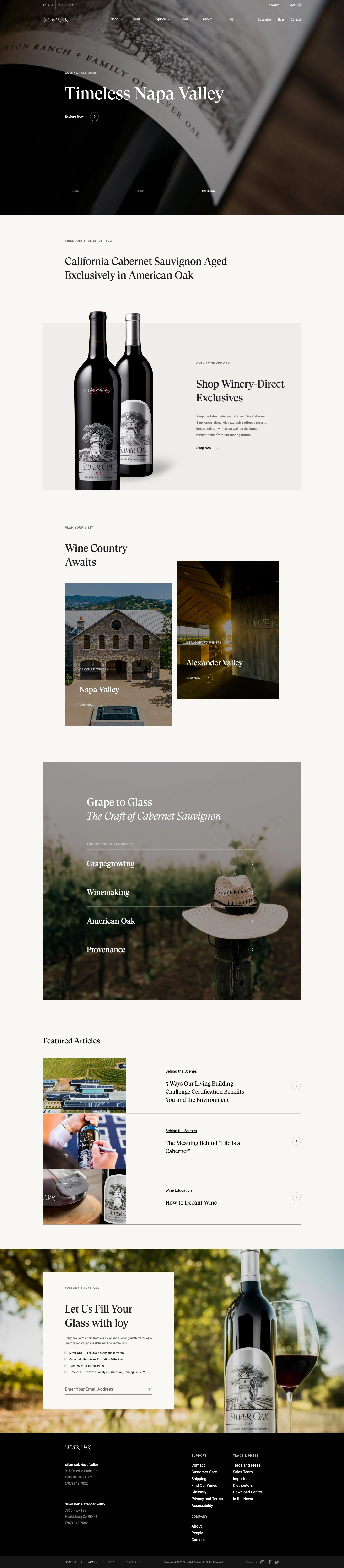 Silver Oak Landing Page Example: For over 40 years, Silver Oak has produced delicious, distinctive and food-friendly Cabernet Sauvignon wines from our Napa Valley and Alexander Valley wineries.