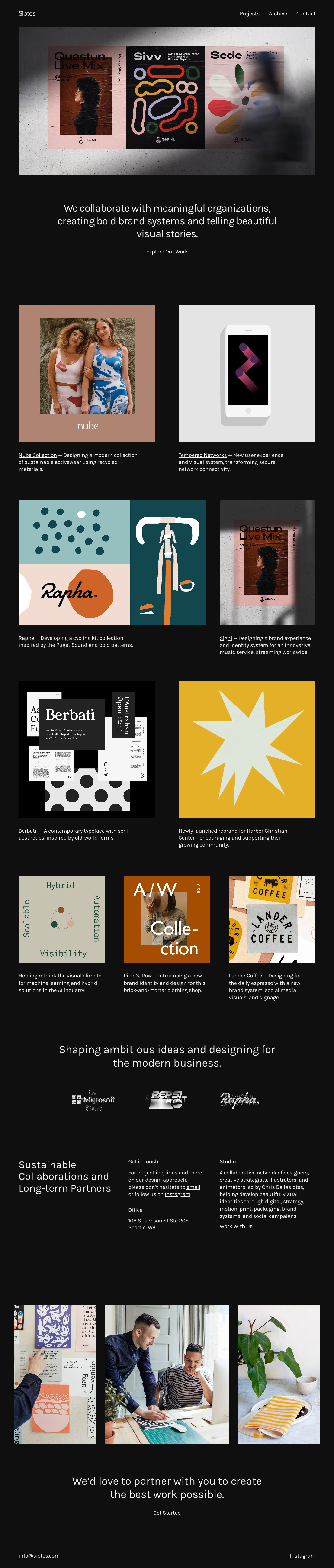 Siotes Landing Page Example: We collaborate with meaningful organizations, creating bold brand systems and telling beautiful visual stories.