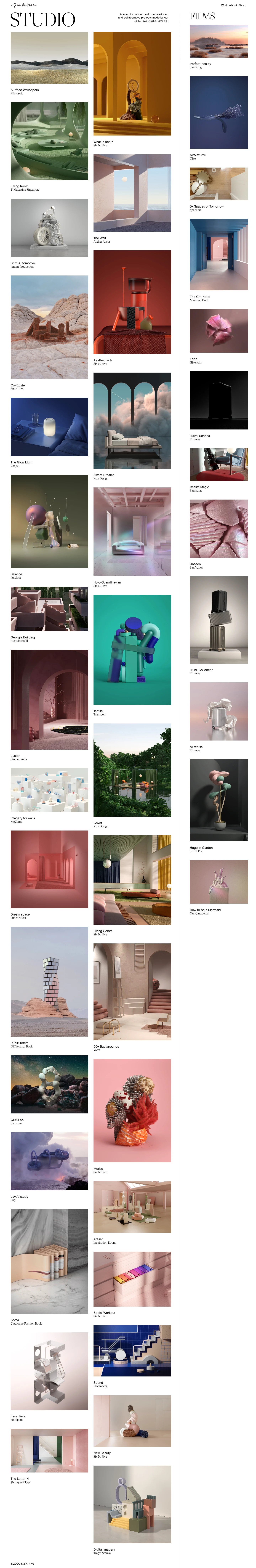 Six N. Five Landing Page Example: Multidisciplinary design studio creating Images, Films and Objects with a clean aesthetic, refined imagination and poetic composition.