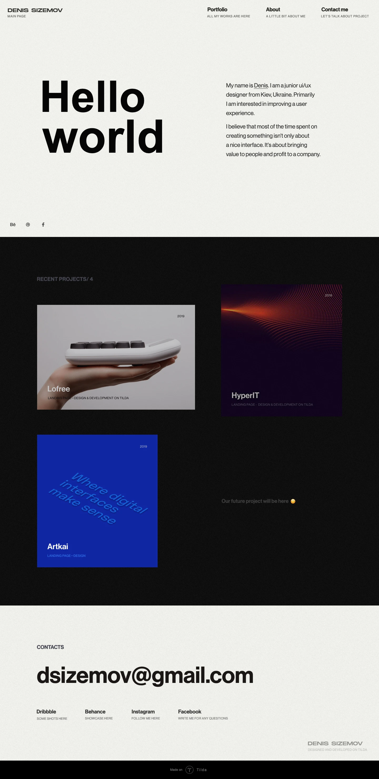 Denis Sizemov Landing Page Example: My name is Denis. I am a ui/ux designer from Kiev, Ukraine. Primarily I am interested in improving a user experience.