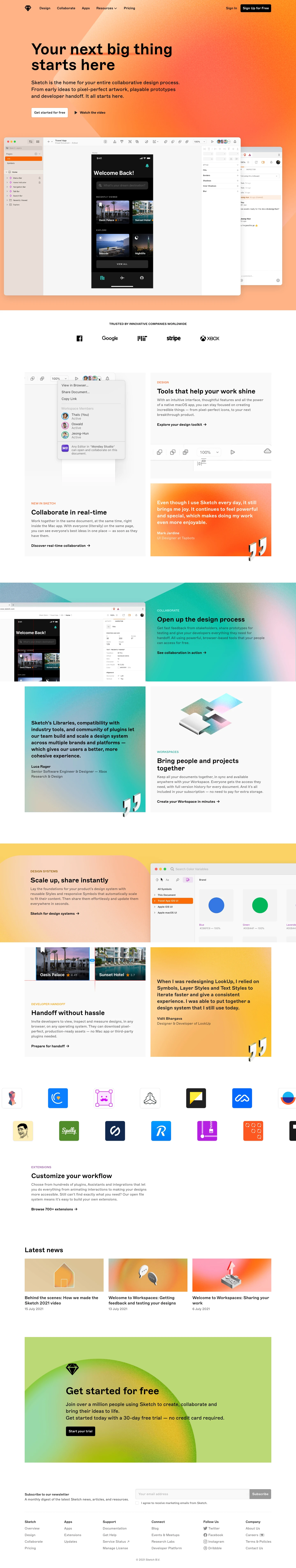 Sketch Landing Page Example: Sketch is the home for your entire collaborative design process. From early ideas to pixel-perfect artwork, playable prototypes and developer handoff. It all starts here.