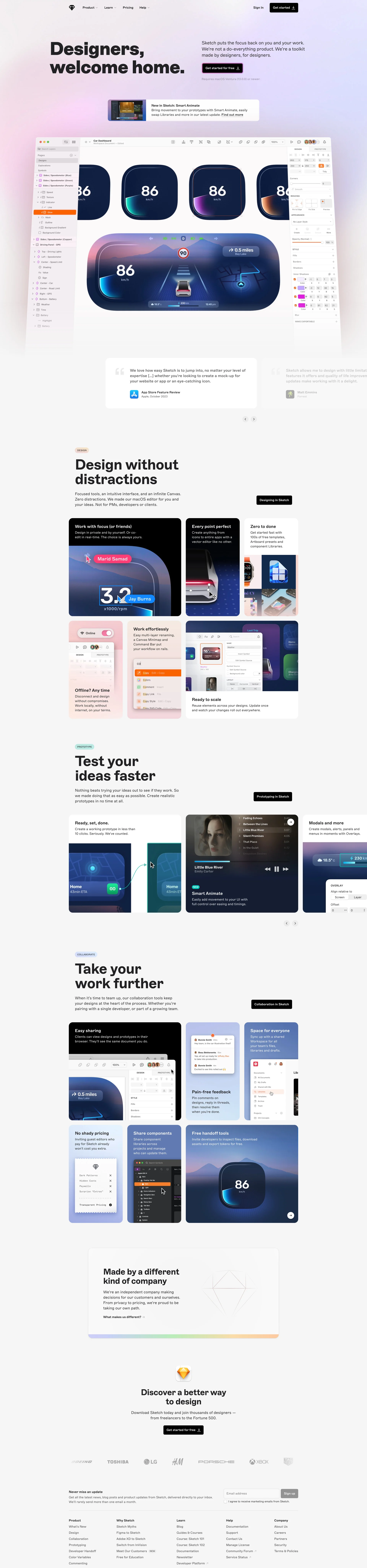 Sketch Landing Page Example: Sketch puts the focus back on you and your work. We’re not a do-everything product. We’re a toolkit made by designers, for designers. Design, prototype, collaborate and handoff.