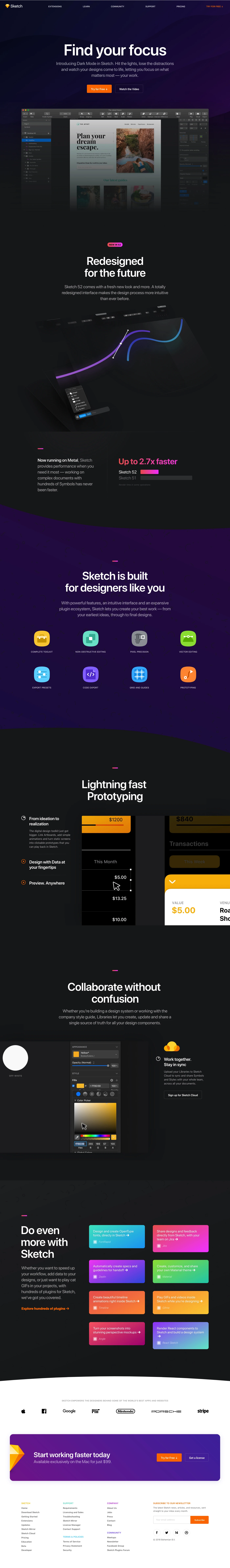 Sketch Landing Page Example: Sketch is a design toolkit built to help you create your best work — from your earliest ideas, through to final artwork.