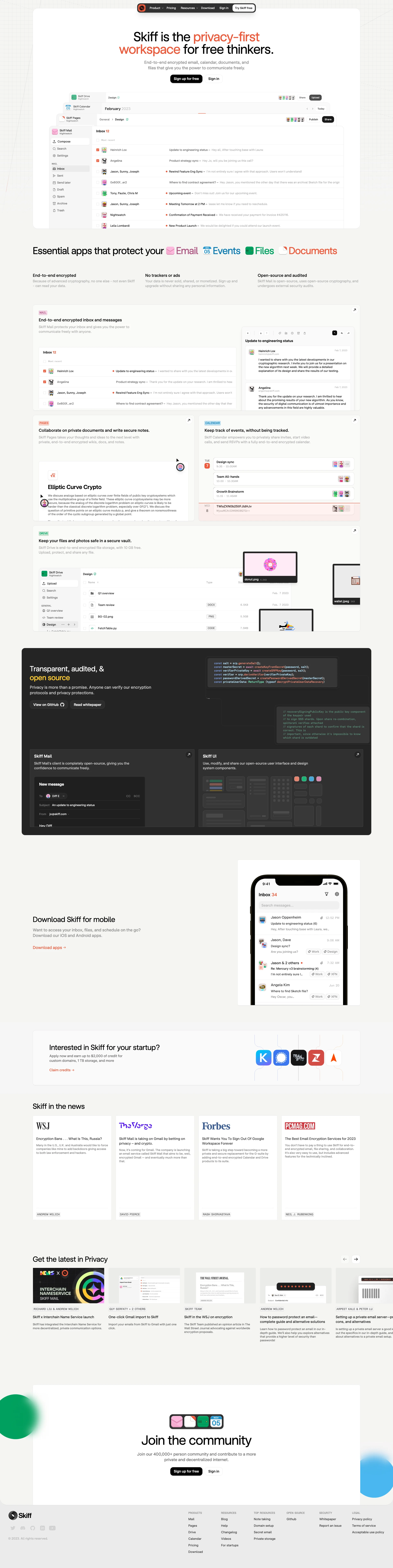 Skiff Landing Page Example: Skiff is the privacy-first workspace for free thinkers. End-to-end encrypted email, calendar, documents, and files that give you the power to communicate freely.