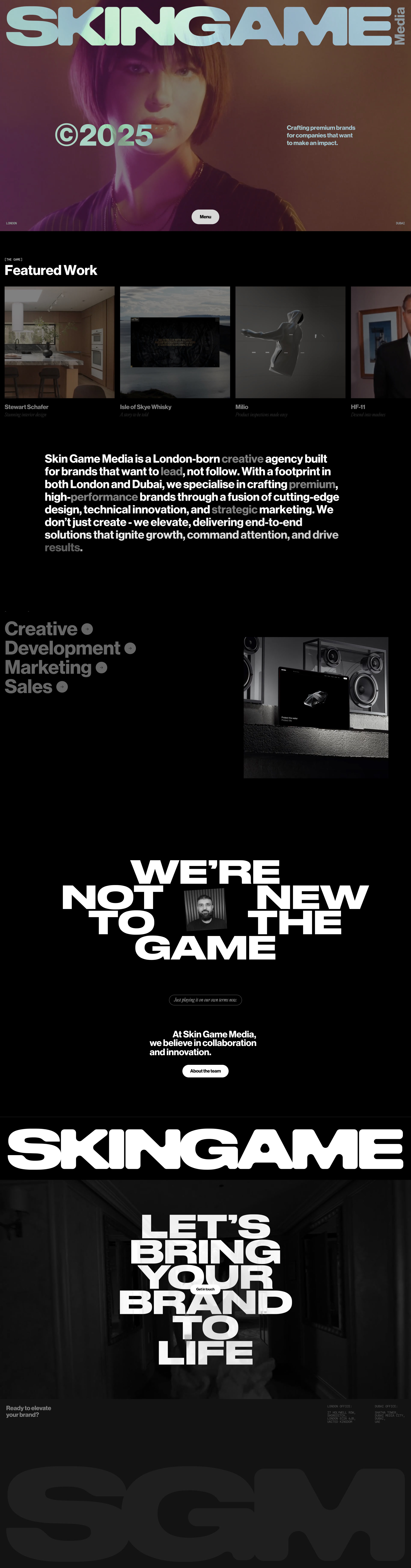SkinGame Media Landing Page Example: Crafting premium brands for compaines that want to make an impact. Skin Game Media is a London-born creative agency built for brands that want to lead, not follow.