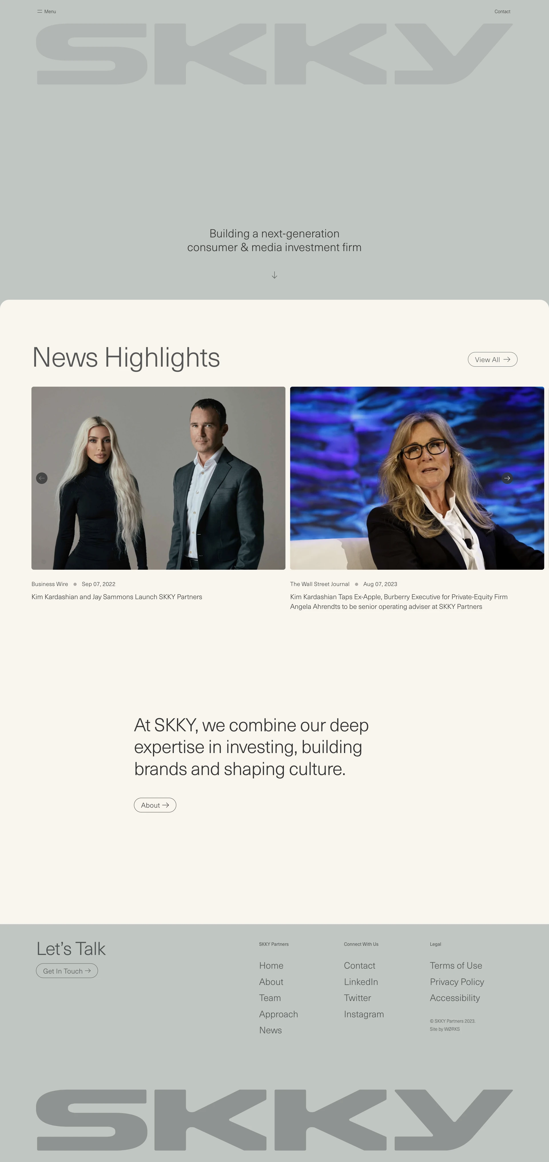 SKKY Landing Page Example: SKKY is a next-generation consumer and media private equity firm co-founded by experienced disruptive brand investor, Jay Sammons, and global influencer, entrepreneur and icon, Kim Kardashian.