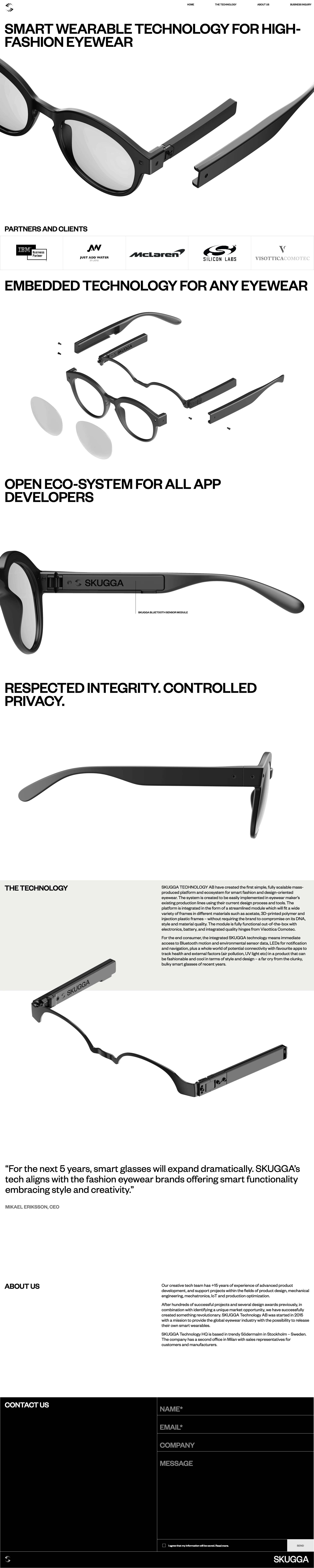 SKUGGA Landing Page Example: SKUGGA Technology's app controlled sensor module for high-fashion eyewear frames opens up the age of smart glasses for everyone.