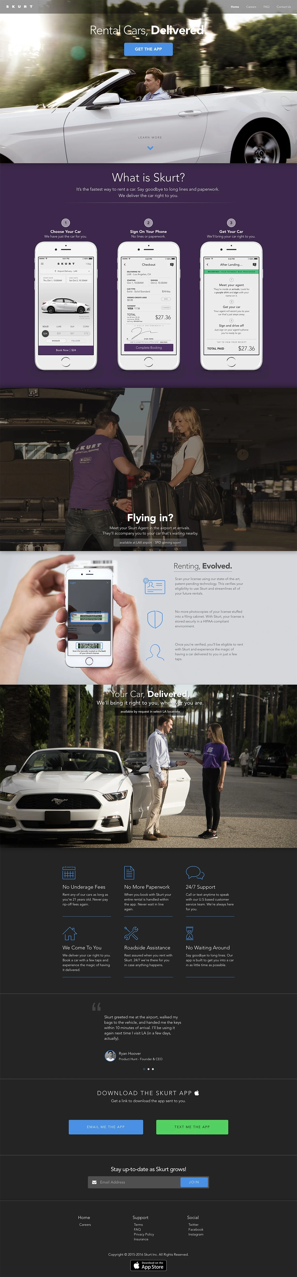 Skurt Landing Page Example: It’s the fastest way to rent a car. Say goodbye to long lines and paperwork. We deliver the car right to you.