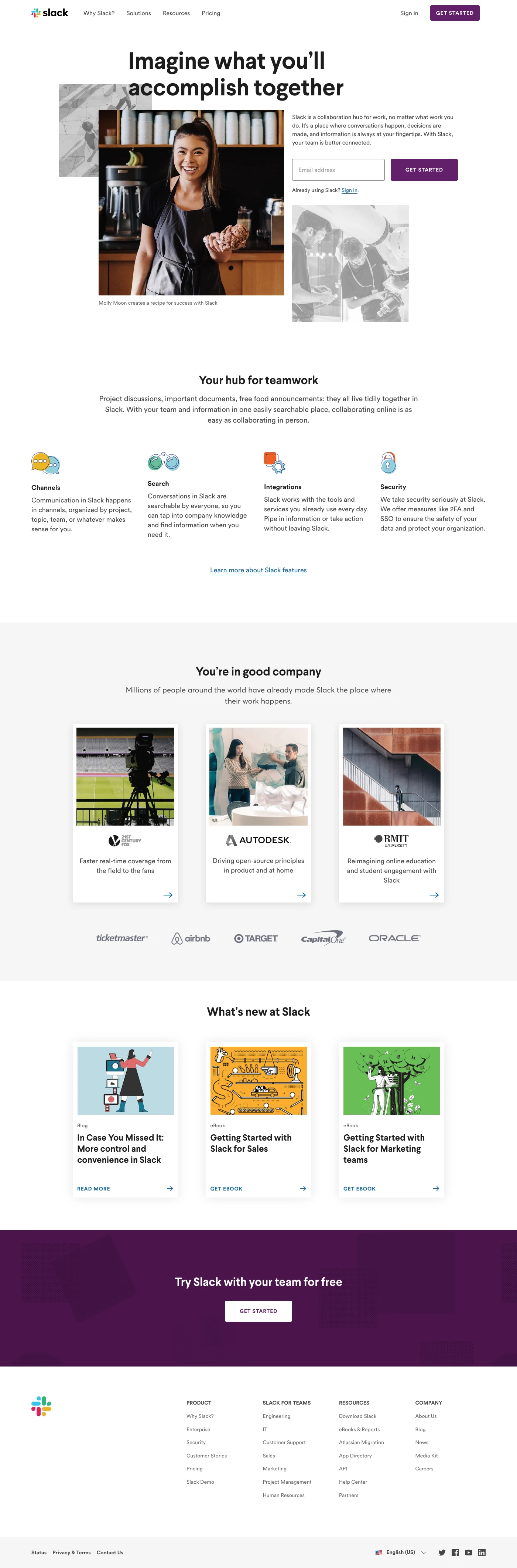 Slack Landing Page Example: Slack is a collaboration hub for work, no matter what work you do. It’s a place where conversations happen, decisions are made, and information is always at your fingertips. With Slack, your team is better connected.