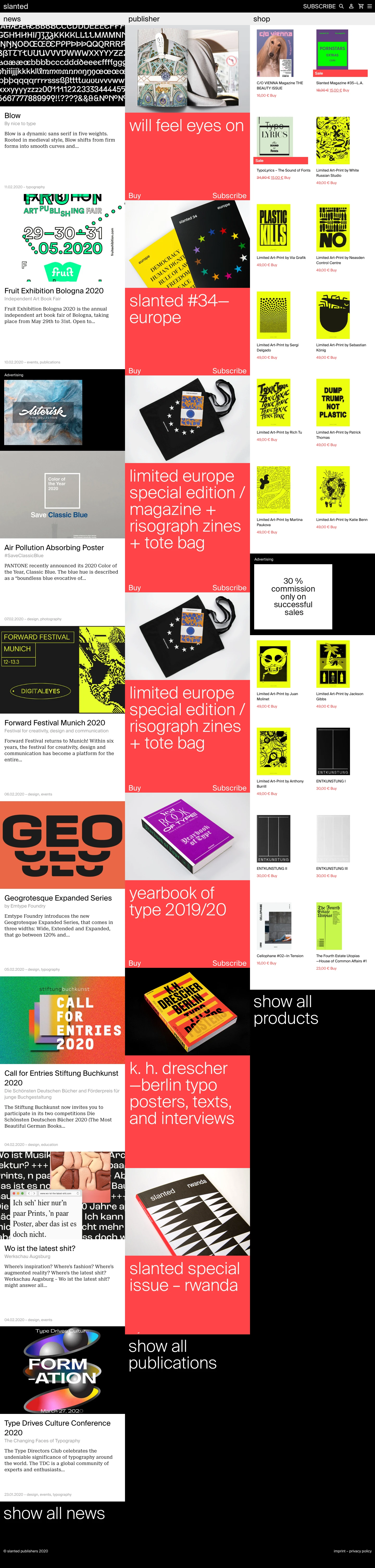 Slanted Landing Page Example: The daily Slanted blog slanted.de highlights events and news from an international design scene and showcases inspiring portfolios from all over the world.