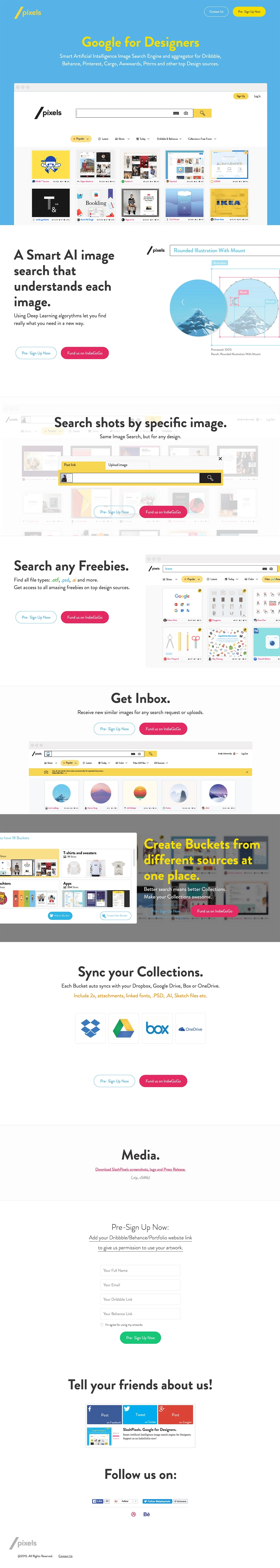 SlashPixels Landing Page Example: Smart Artificial Intelligence Image Search Engine and aggregator for Dribbble, Behance, Pinterest, Cargo, Awwwards, Pttrns and other top Design sources.