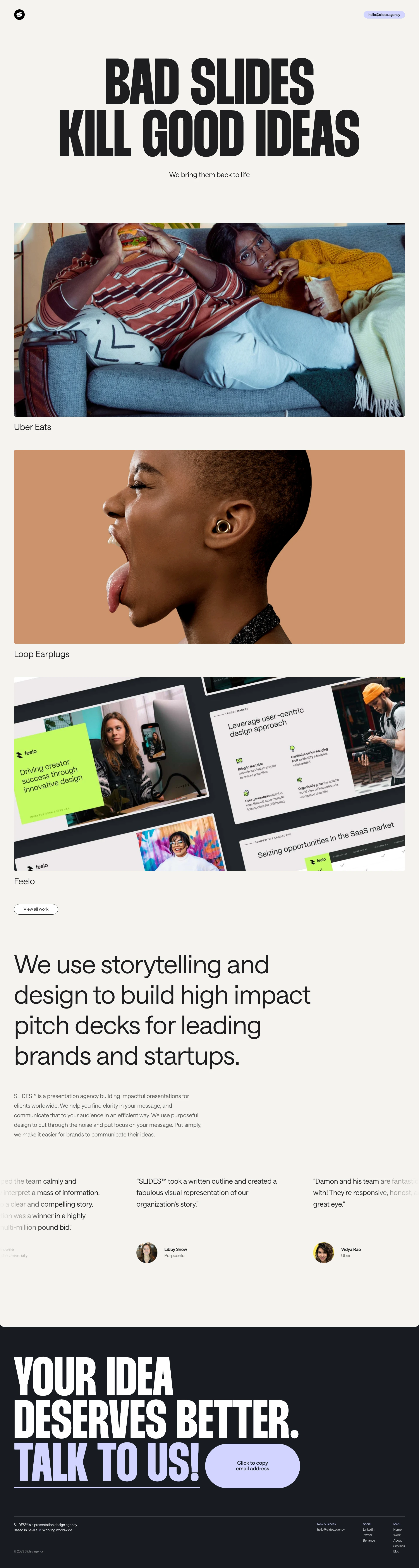 SLIDES Landing Page Example: As a presentation design agency, we use storytelling and design to create impactful pitch decks, sales presentations, PowerPoint templates, and more.