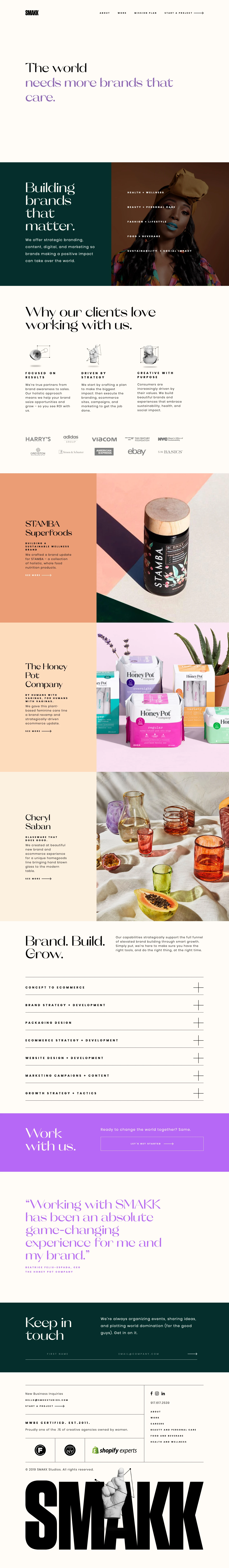 SMAKK Landing Page Example: SMAKK is a creative agency specializing in branding, experience design, ecommerce, digital strategy, and growth marketing for mission driven brands in New York City.