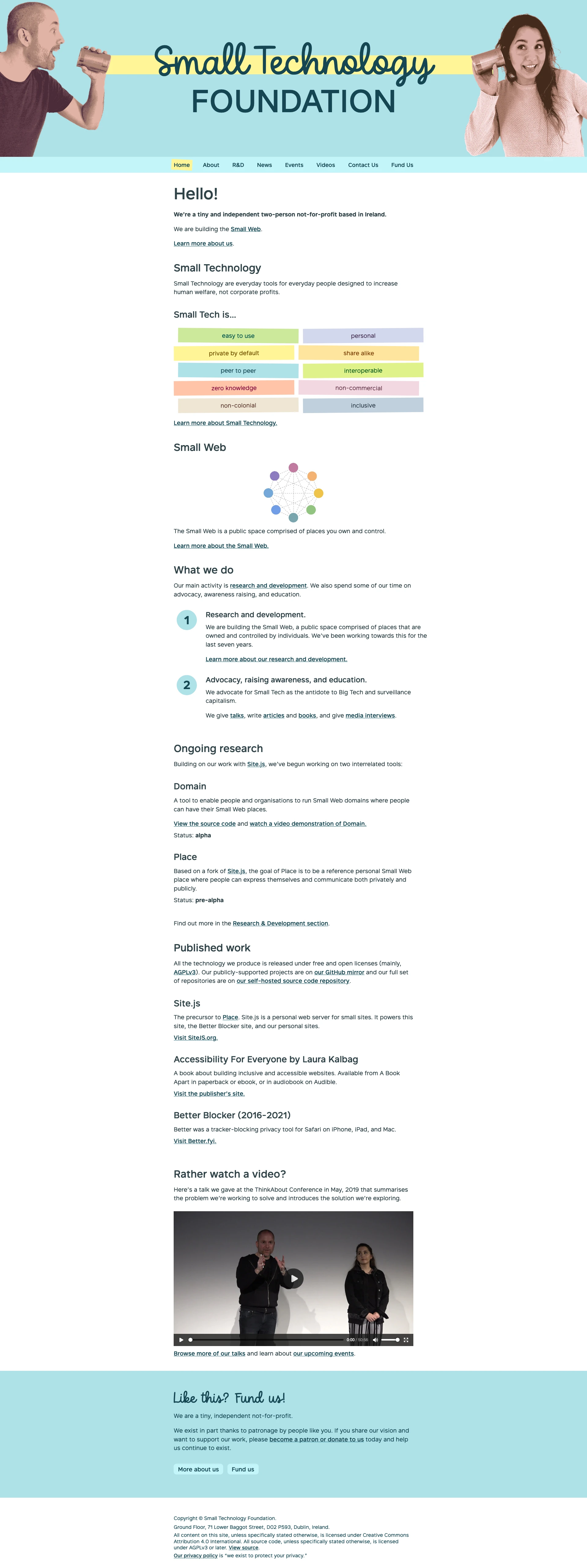 Small Technology Foundation Landing Page Example: We’re a tiny and independent two-person not-for-profit based in Ireland.