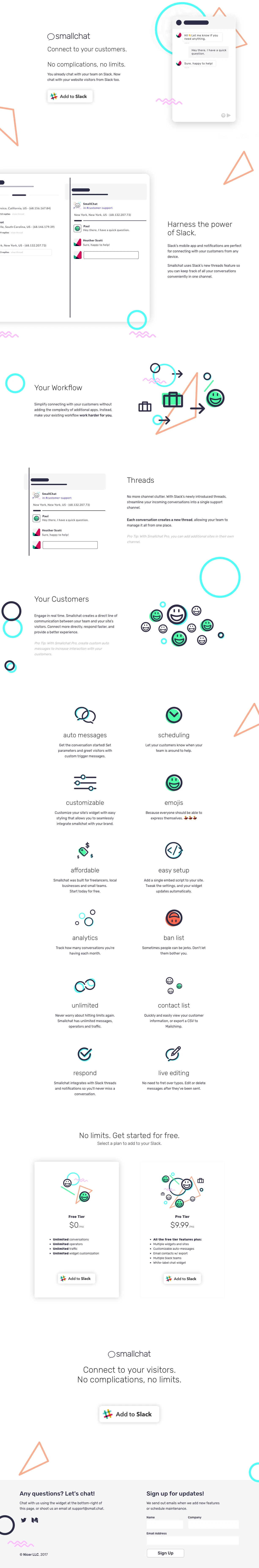 Smallchat Landing Page Example: A slack integration for web chat