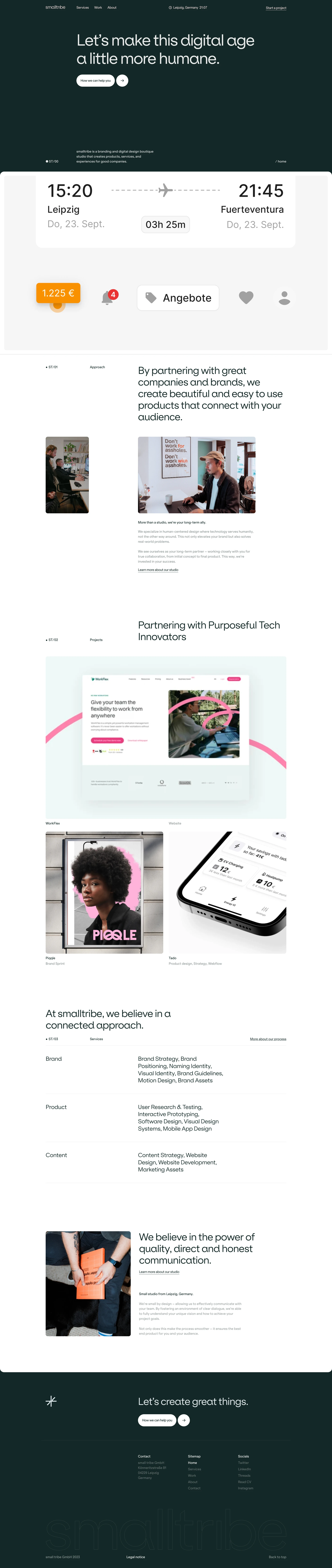 smalltribe Landing Page Example: smalltribe is a branding and digital design boutique studio that creates products, services, and experiences aimed at making this digital age a little more humane.