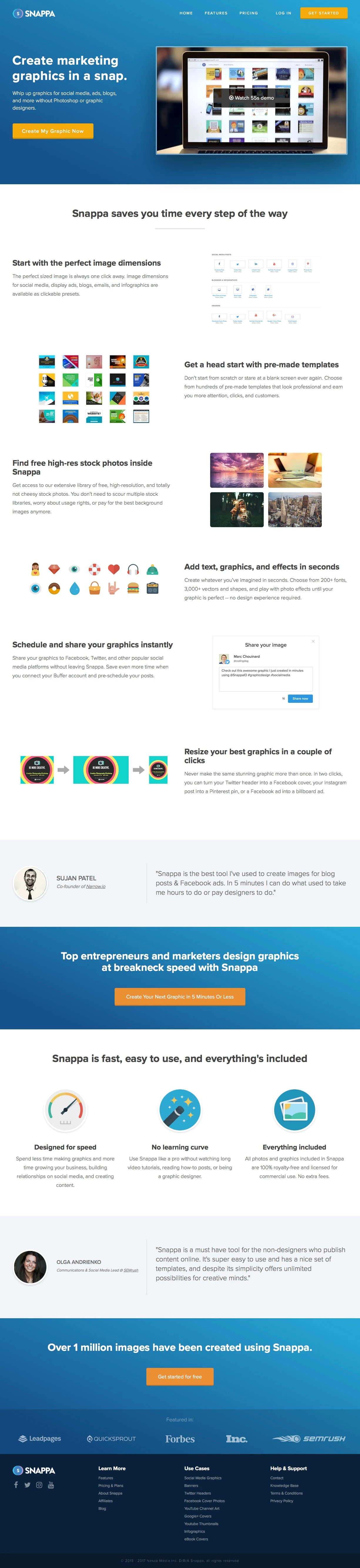 Snappa Landing Page Example: Snappa makes it easy to create any type of online graphic. Create & publish images for social media, blogs, ads, and more!