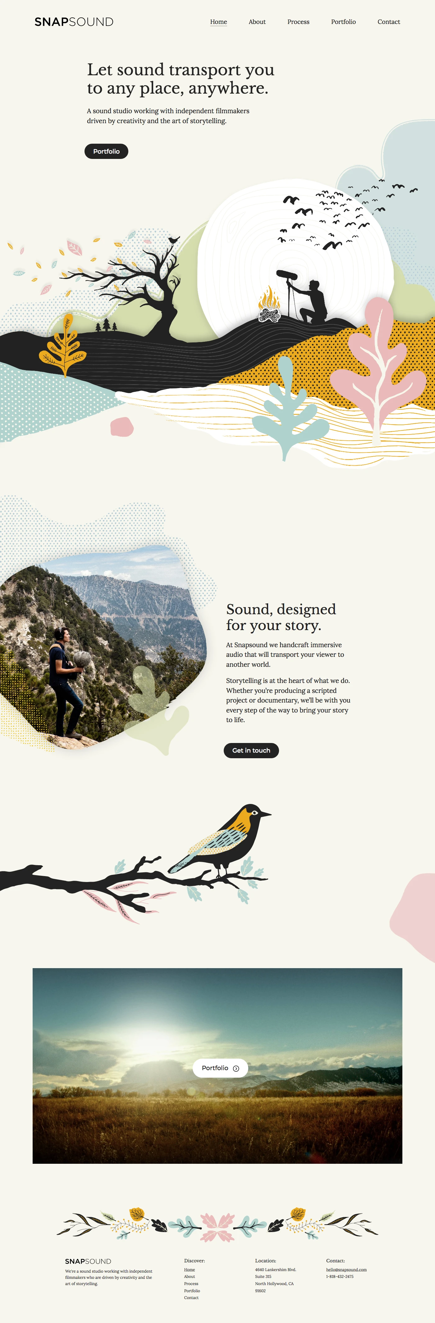 SNAPSOUND Landing Page Example: We're a sound studio working with independent filmmakers who are driven by creativity and the art of storytelling.