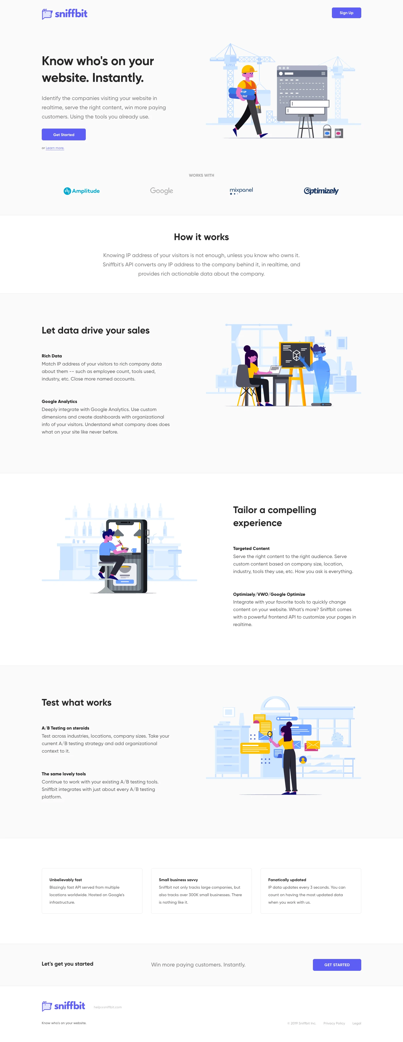Sniffbit Landing Page Example: Identify the companies visiting your website in realtime, serve the right content, win more paying customers. Using the tools you already use.