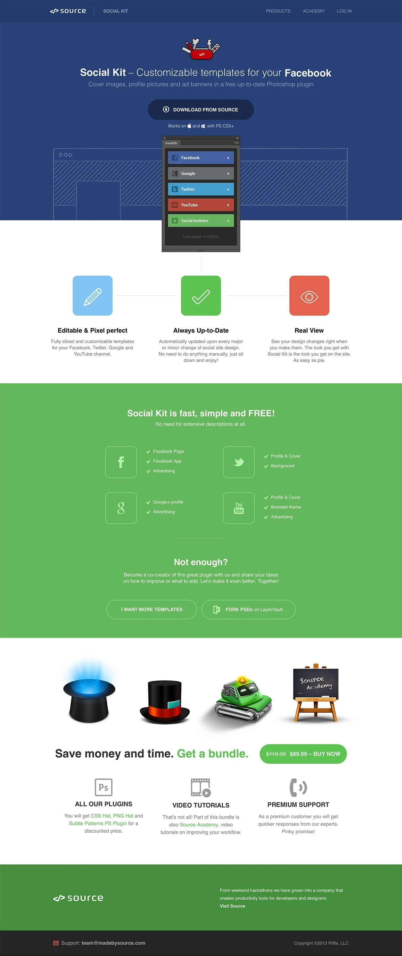 Social Kit Landing Page Example: Cover images, profile pictures and ad banners in a free Up-to-Date Photoshop plugin. Social Kit is fast, it’s simple and most important – it’s free!