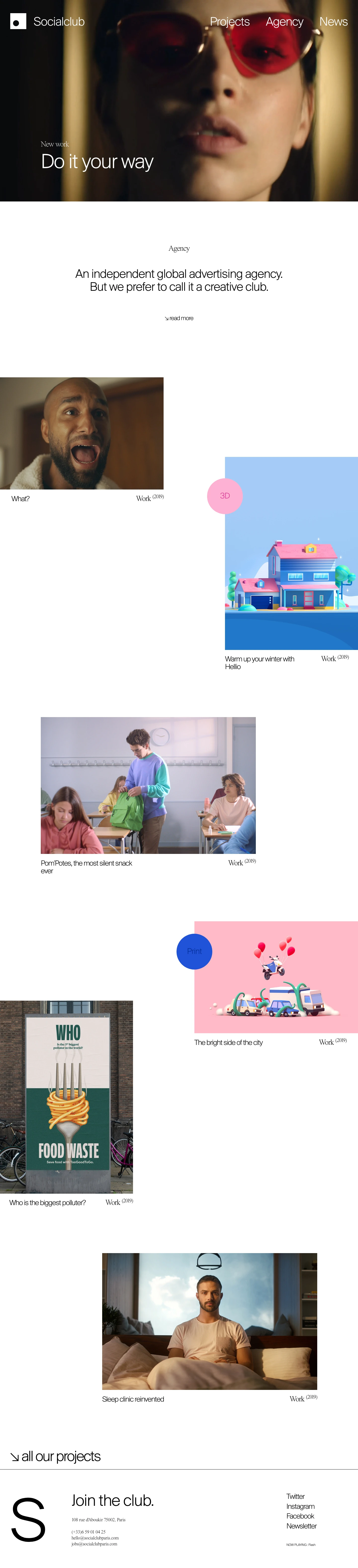 Socialclub Landing Page Example: An independent global advertising agency. But we prefer to call it a creative club.