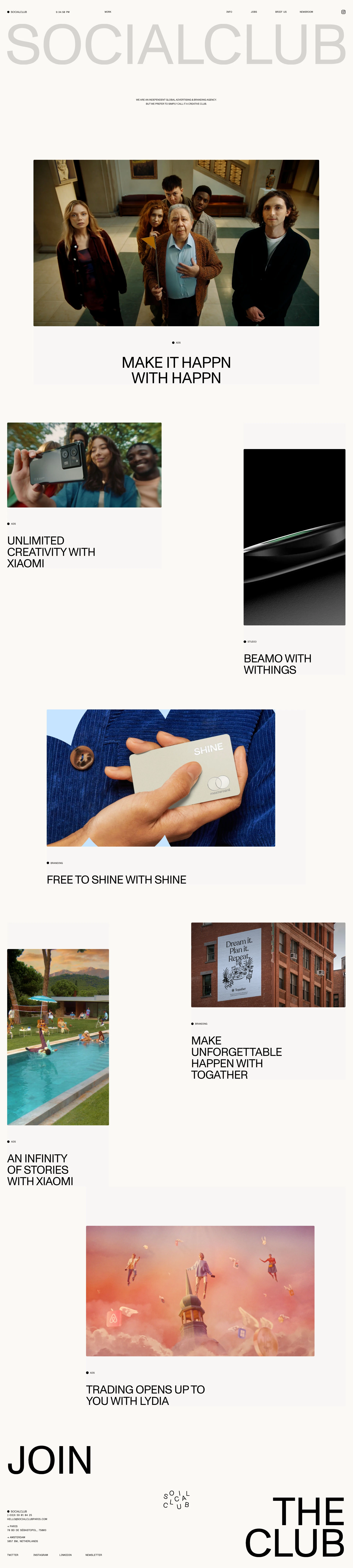 Socialclub Landing Page Example: We are an independent global advertising & branding agency in Paris and Amsterdam. But we prefer to simply call it a creative club.