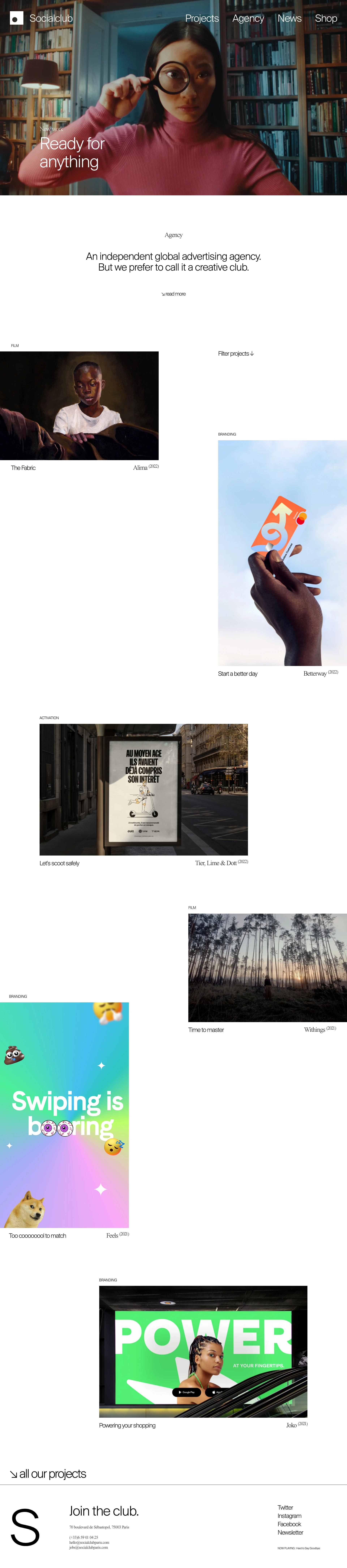Socialclub Landing Page Example: Socialclub is an independent global advertising agency. The club is aiming to create ads that doesn't look like ads.
