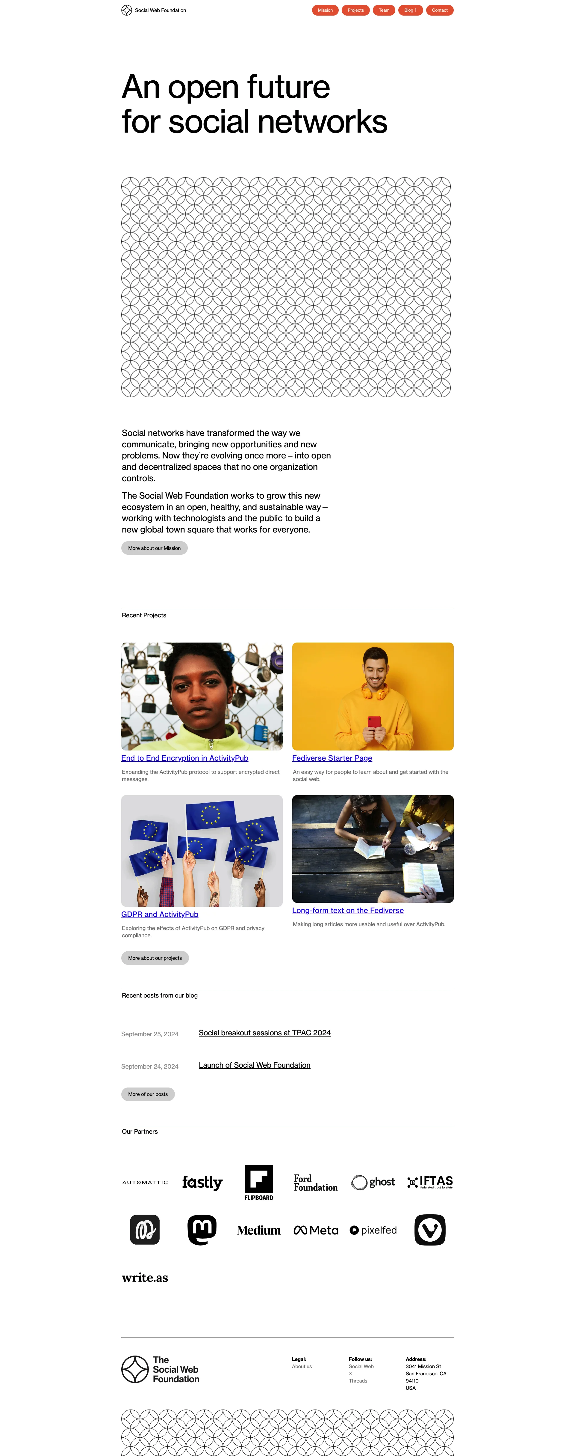 Social Web Foundation Landing Page Example: Social networks have transformed the way we communicate, bringing new opportunities and new problems. Now they’re evolving once more – into open and decentralized spaces that no one organization controls.