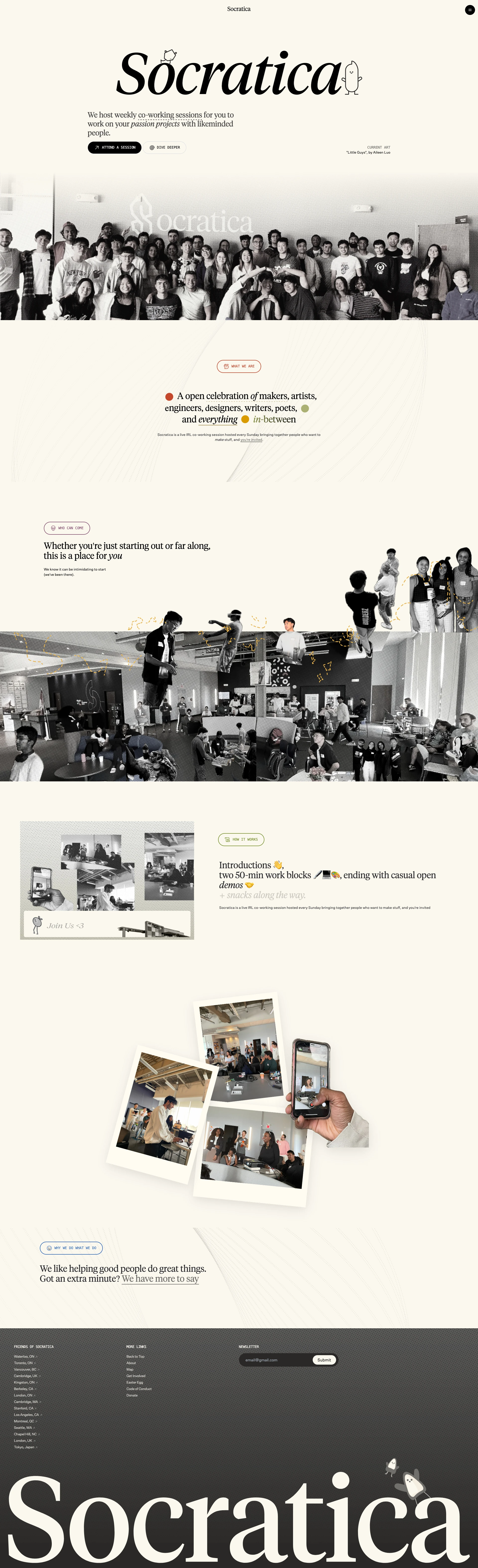 Socratica Landing Page Example: We host weekly co-working sessions for you to work on your passion projects with likeminded people.