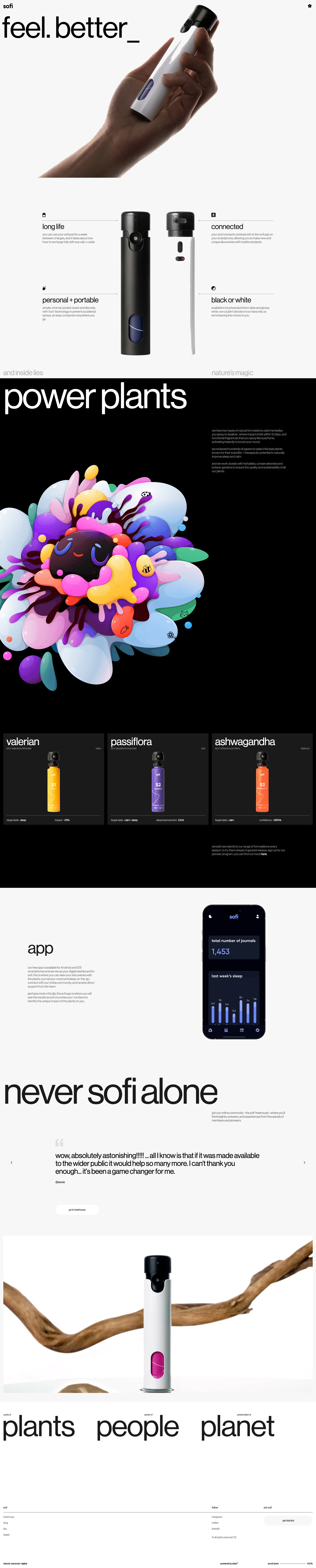 sofi Landing Page Example: Using modern science, sofi tracks and delivers personalised plant-based remedies targeting sleeplessness, stress, anxiety and pain. We’re a community dedicated to reconnecting people and plants.