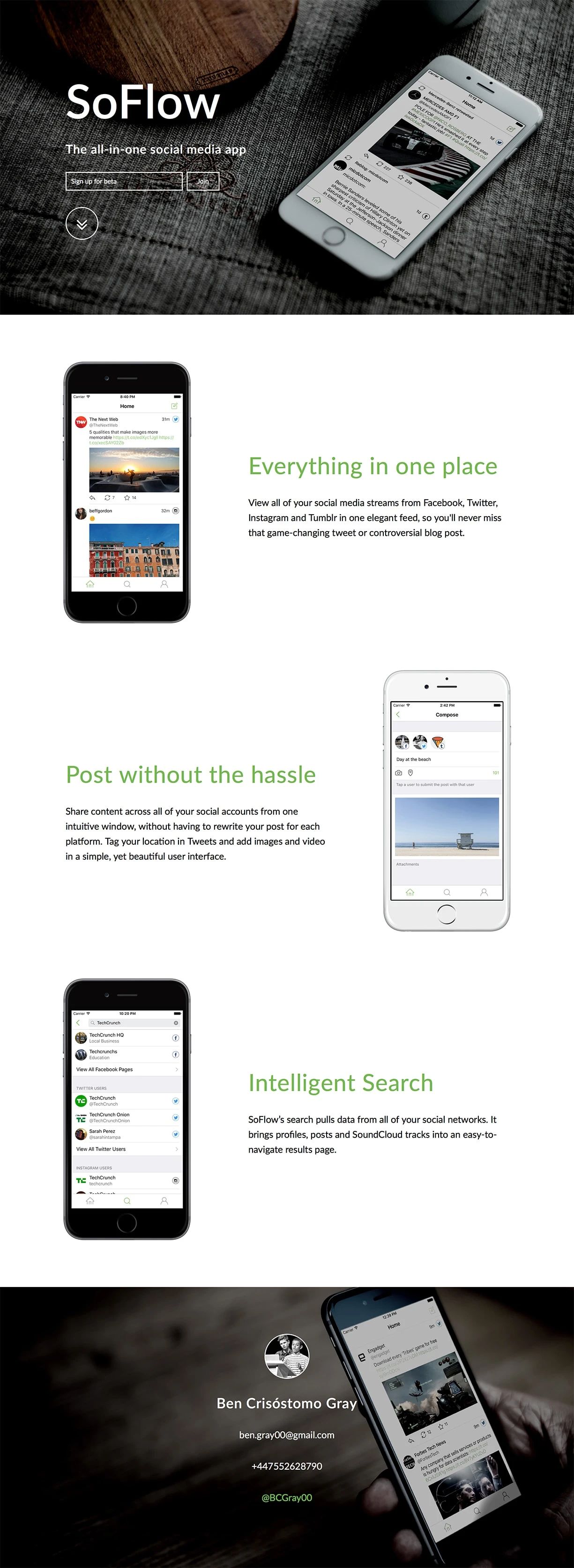 SoFlow Landing Page Example: Everything in one place. View all of your social media streams from Facebook, Twitter, Instagram and Tumblr in one elegant feed.