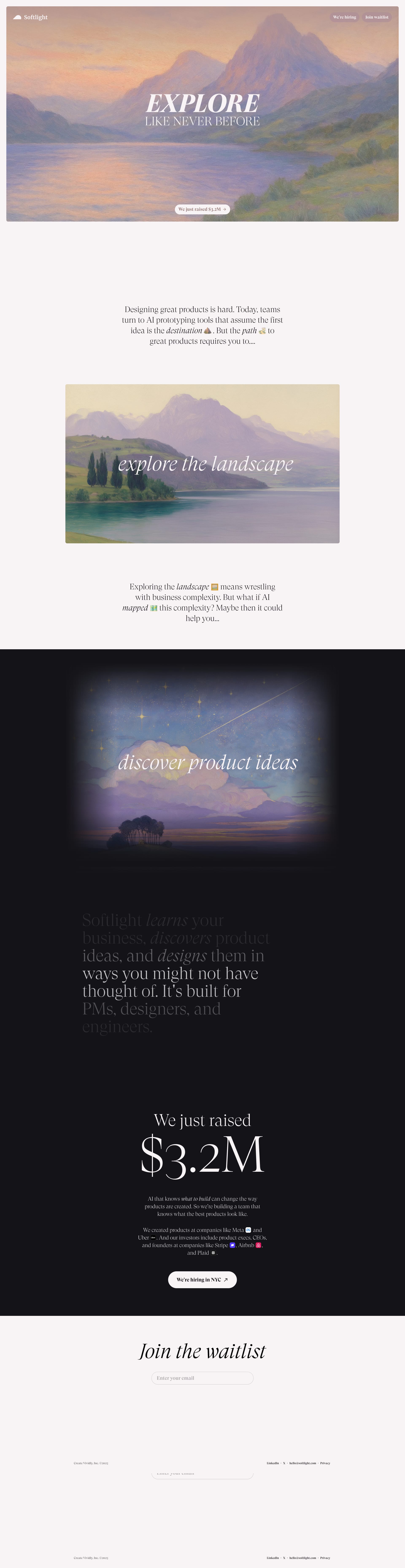 Softlight Landing Page Example: Softlight is an AI product discovery platform that learns your business, uncovers new product opportunities, and helps teams identify what to build next.