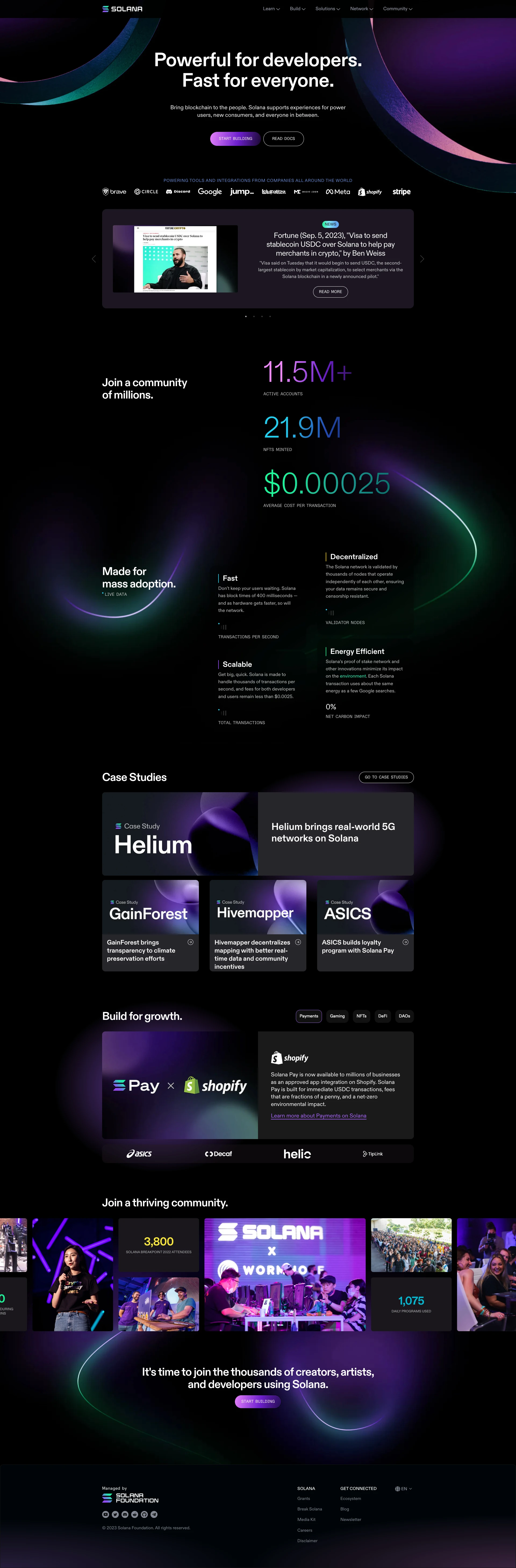 Solana Landing Page Example: Powerful for developers. Fast for everyone. Bring blockchain to the people. Solana supports experiences for power users, new consumers, and everyone in between.