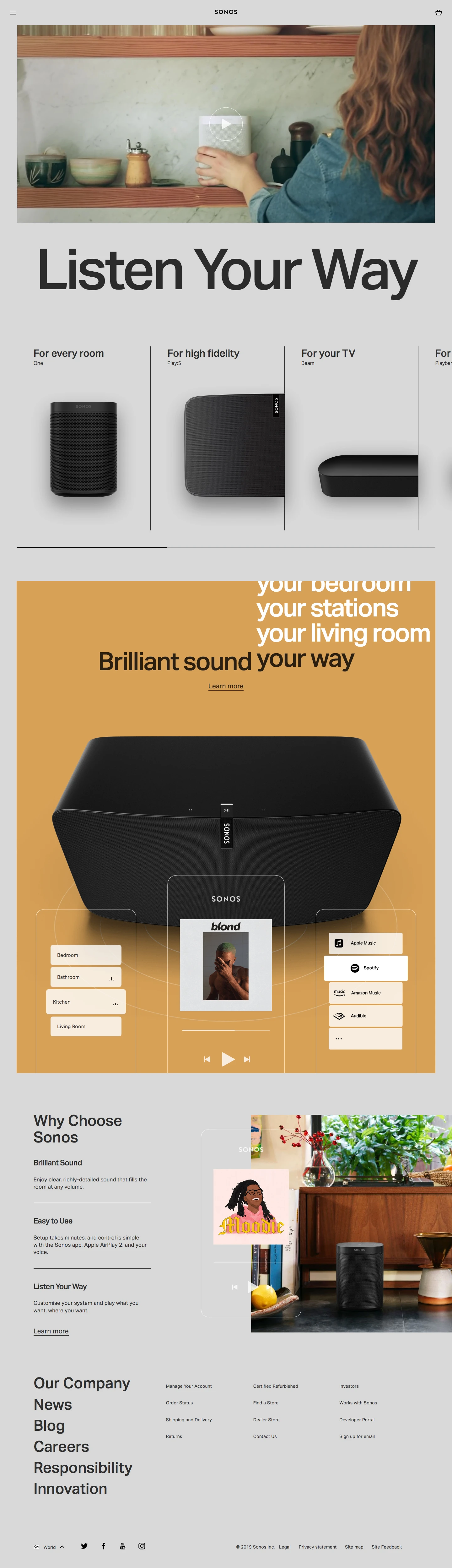 Sonos Landing Page Example: Sonos is the wireless home sound system that fills as many rooms as you want with great-sounding music, movies, and TV. Our speakers are as easy to set up as they are powerful, so you can play whatever you’re craving and savor every moment with the most brilliant, pulse-pounding sound money can buy.