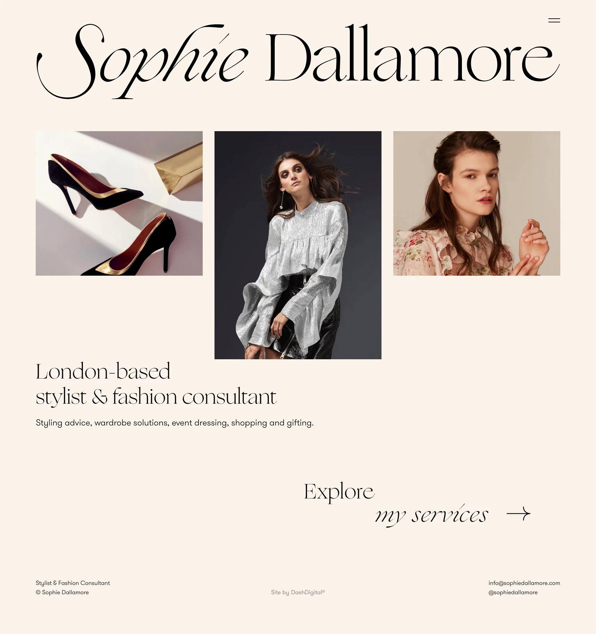 Sophie Dallamore Landing Page Example: London-based stylist & fashion consultant. Styling advice, wardrobe solutions, event dressing, shopping and gifting.