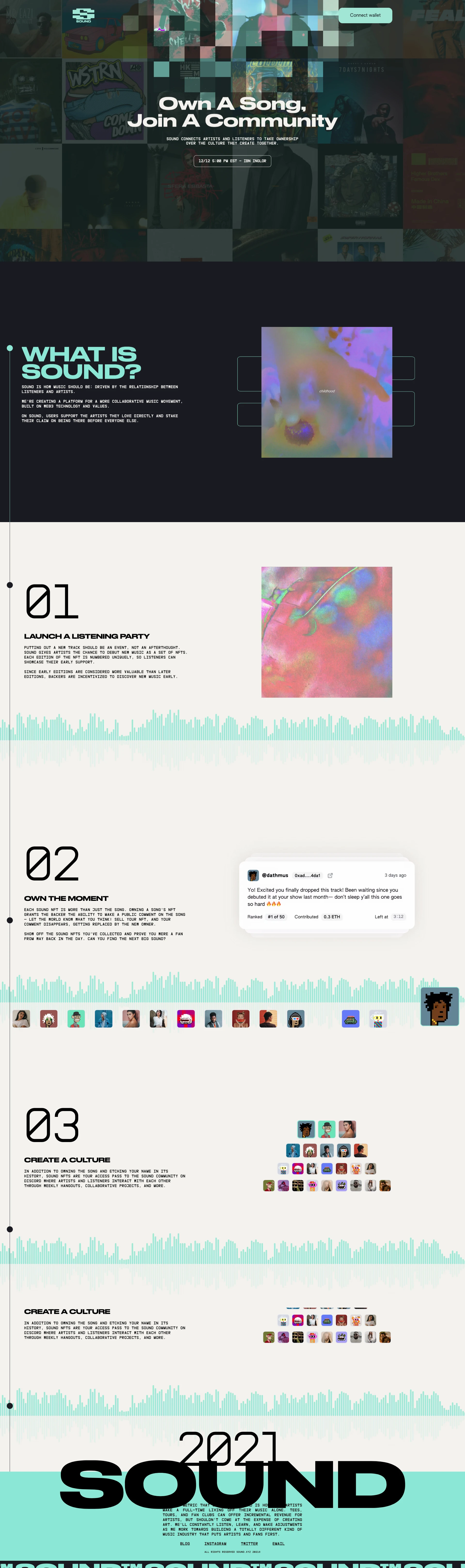 Sound.xyz Landing Page Example: Sound connects artists and listeners to take ownership over the culture they create together.
