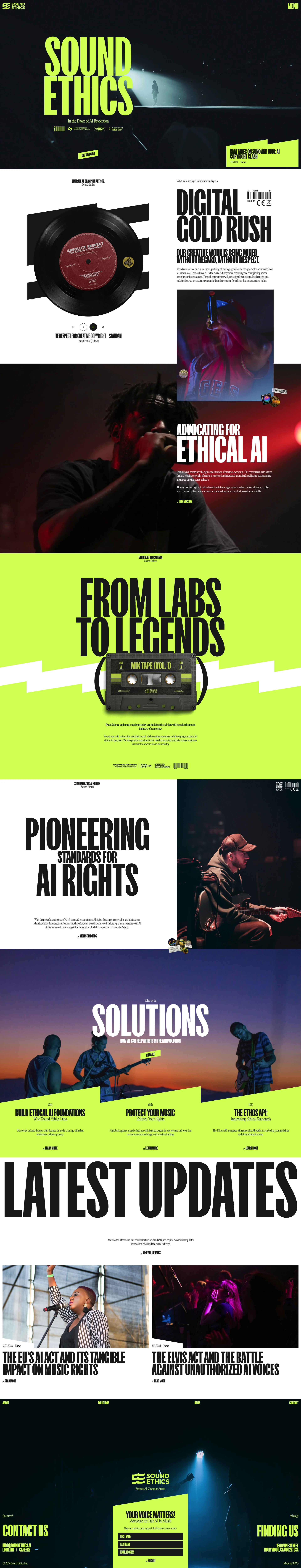 Sound Ethics Landing Page Example: Let’s embrace AI in the music industry while protecting and championing artists, ensuring our future careers. Through partnerships with educational institutions, legal experts, and stakeholders, we are setting new standards and advocating for policies that protect artists' rights.